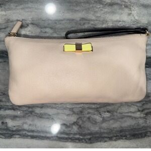 Furla Genuine Wristlet Clutch Beige Pebbled Leather, Gold Hardware, Zip Closure‎